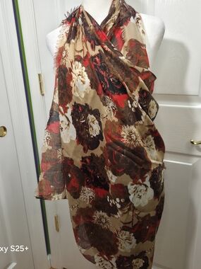 Floral Sheer Beach Coverup - Red & Brown 70"x33"